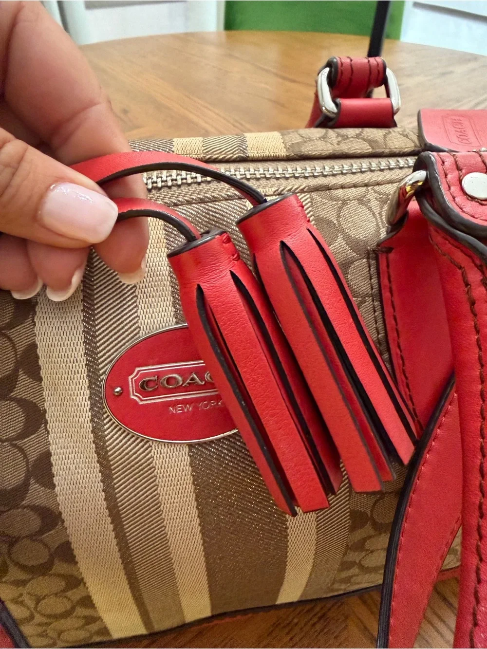 Coach Legacy Signature Canvas Satchel with Red Trim and Tassels